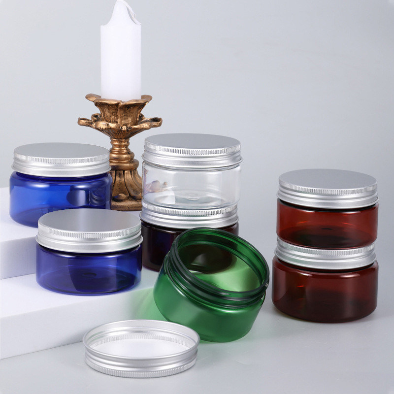 PET Food 100ml 150ml 250ml 300ml 16oz 32oz Amber Black PET Plastic Cosmetic Cream Jar with Aluminum Lid and Durable